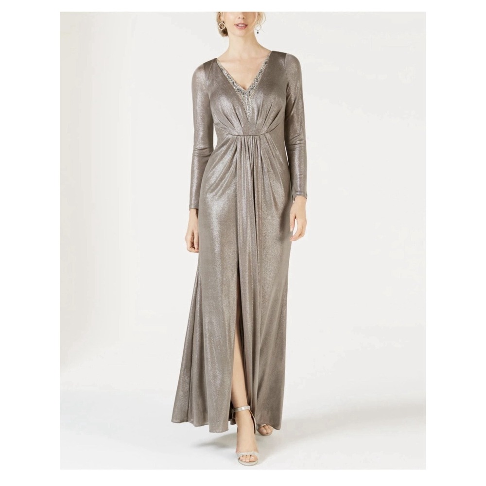 Adrianna Papell Formal Gown Size 8 Metallic Silver Beaded Maxi Bridal Party
